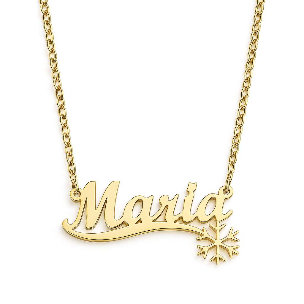 Script name pendant necklace with snowflake design