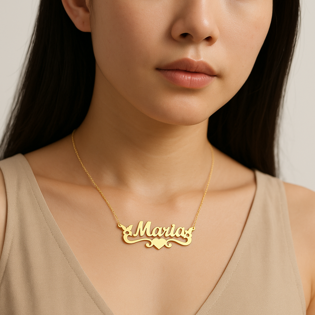 Close-up of personalized gold necklace showcasing smooth finish. 