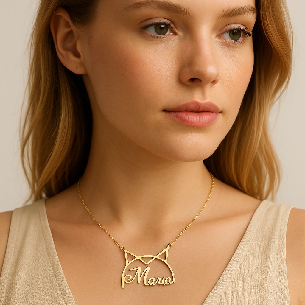 Close-up of gold name pendant with elegant chain.